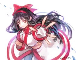 1girl ainu_clothes arm_behind_back black_hair brown_eyes dated fingerless_gloves gloves hair_ribbon highres legs long_hair looking_at_viewer nakoruru outstretched_arm pants ribbon samurai_spirits snk the_king_of_fighters thighs