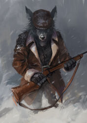 1boy animal_ears brown_hat brown_jacket closed_mouth commentary_request fate/grand_order fate_(series) fingerless_gloves fur-trimmed_jacket fur_trim furry furry_male gloves grey_fur grey_hair gun hat highres holding holding_gun holding_weapon jacket looking_at_viewer male_focus patxi_(fate) racoonwolf rifle snow snowing weapon wolf_boy wolf_ears