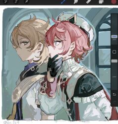 2boys albedo_(genshin_impact) art_program_in_frame beret black_gloves blonde_hair border collared_shirt dahlia_(genshin_impact) frills from_side genshin_impact gloves grey_eyes hair_between_eyes hand_on_own_chin hat highres indoors long_sleeves looking_at_another male_focus medium_hair multiple_boys pink_hair pointy_ears puffy_long_sleeves puffy_short_sleeves puffy_sleeves shima_(vivi_do) shirt short_sleeves sketch upper_body white_hat