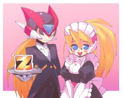 1boy 1girl 1up alternate_costume android apron arm_behind_back black_coat black_dress black_eyes black_helmet black_pants black_suit blonde_hair blue_eyes blush_stickers butler ciel_(mega_man) coat collared_shirt dress enmaided expressionless fake_horns formal_clothes frilled_apron frills gloves hand_up helmet high_ponytail holding holding_tray horned_helmet horns inkerton-kun long_hair long_sleeves looking_at_viewer low_ponytail maid maid_headdress mega_man_(series) mega_man_zero_(series) open_mouth pants pink_helmet ponytail puffy_short_sleeves puffy_sleeves red_helmet robot_ears shirt short_sleeves single_letter suit tailcoat tray v_arms waist_apron white_apron white_gloves white_shirt zero(z)_(mega_man) zero_(mega_man)