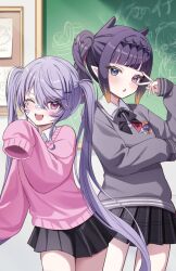 Rule 34 | 2girls, :d, alternate costume, bandaid, bandaid on face, bandaid on nose, black ribbon, black skirt, blue eyes, chalk drawing, chalkboard, classroom, collared shirt, colored inner hair, commentary, cowboy shot, grey hair, grey sweater, hair between eyes, hand up, heterochromia, hololive, hololive english, koseki bijou, koseki bijou (casual), long bangs, long hair, looking at viewer, medium hair, miniskirt, multicolored hair, multiple girls, neck ribbon, ninomae ina&#039;nis, ninomae ina&#039;nis (school uniform), noraneco117, official alternate eye color, official alternate hairstyle, one eye closed, open mouth, pebble (koseki bijou), pink eyes, pink hair, pink sweater, plaid clothes, plaid skirt, pleated skirt, ribbon, shiranui flare, shirt, side ponytail, simple background, single sleeve past fingers, single sleeve past wrist, skirt, sleeves past wrists, smile, solo, sweater, takodachi (ninomae ina&#039;nis), teeth, twintails, upper teeth only, v, v-neck, v over eye, very long hair, virtual youtuber, white background, white shirt