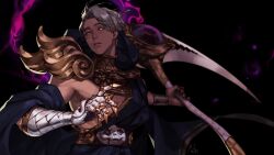 1boy arm_up armor black_robe bracer clawed_gauntlets commentary dark-skinned_male dark_skin floating_clothes floating_hair gauntlets greco-roman_clothes grey_hair hades_(series) hades_1 highres holding holding_scythe holding_weapon looking_to_the_side m88km88k magic male_focus outstretched_arm pauldrons robe scythe shoulder_armor sideways_glance single_gauntlet single_off_shoulder skull_ornament solo thanatos_(hades) upper_body weapon yellow_eyes
