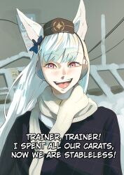1girl absurdres animal_ears black_sweater blue_bow bow ear_bow english_text gold_ship_(umamusume) highres horse_ears horse_girl husbant_(meme) long_hair meme open_mouth outdoors overcast pastepiphany pillbox_hat pink_eyes power_lines scarf sky snow solo sweater umamusume white_hair white_scarf