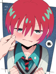 1girl amate_yuzuriha annoyed aqua_eyes blush commentary_request flying_sweatdrops gundam gundam_gquuuuuux hair_between_eyes hand_on_another&#039;s_cheek hand_on_another&#039;s_face highres holding long_sleeves looking_at_viewer necktie open_mouth pinching red_hair sabi1234 school_uniform shirt short_hair speech_bubble spoken_squiggle squiggle sweat sweater