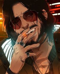 1boy beard black_hair brown-tinted_eyewear brown_eyes brown_jacket cigarette cyberpunk_(series) cyberpunk_2077 facial_hair hand_tattoo jacket jewelry johnny_silverhand male_focus one_eye_closed portrait ring slackdzove smoking solo sunglasses tattoo tinted_eyewear