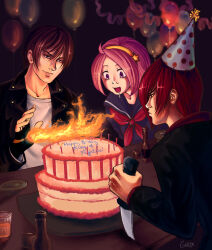 anniversary asamiya_athena brown_hair cake food hair_ornament hat kusanagi_kyou party party_hat pink_hair psycho_soldier red_hair snk star_(symbol) star_hair_ornament the_king_of_fighters the_king_of_fighters_xiii yagami_iori