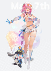 1girl :d absurdres alternate_costume armpits asymmetrical_legwear bikini black_choker blue_gloves blue_panties breasts character_name choker coon cropped_jacket detached_sleeves eyewear_on_head full_body gloves gluteal_fold half_gloves hand_on_own_hip hat highres honkai:_star_rail honkai_(series) large_breasts march_7th_(honkai:_star_rail) medium_hair microskirt one_eye_closed open_mouth orange-tinted_eyewear panties pink_hair pom-pom_(honkai:_star_rail) purple_eyes race_queen round_eyewear sidelocks single_half_glove skirt sleeveless sleeveless_jacket smile solo swimsuit thigh_strap tinted_eyewear underwear white_background white_bikini white_hat white_skirt