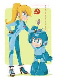 1boy 1girl breasts capcom crossover hakusoto hand_on_another&#039;s_head mega_man_(character) mega_man_(classic) mega_man_(series) metroid nintendo samus_aran zero_suit