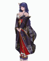 1girl adapted_costume alternate_costume bare_shoulders braid breasts bright_pupils cleavage clog_sandals closed_mouth collarbone commentary expressionless floral_print flower full_body genshin_impact gold_trim hair_flower hair_ornament highres japanese_clothes kimono large_breasts long_hair long_sleeves looking_at_viewer low-braided_long_hair low-cut low-tied_long_hair mixed-language_commentary notgustiarp obi okobo platform_sandals print_kimono purple_eyes purple_hair purple_kimono raiden_shogun red_sash reflection sandals sash simple_background solo standing tabi very_long_hair white_background