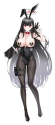 1girl absurdres animal_ears areola_slip black_gloves black_hair black_pasties black_shoes blue_archive blunt_bangs blush bow bowtie cameltoe chinese_commentary commentary_request detached_collar f.trigger fake_animal_ears full_body gloves heart_pasties highres holding holding_tablet_pc holster leotard long_hair looking_at_viewer open_mouth pasties playboy_bunny rabbit_ears red_bow red_bowtie red_eyes rio_(blue_archive) shoes simple_background solo tablet_pc thigh_holster variant_set very_long_hair white_background wrist_cuffs
