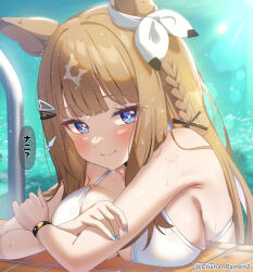 1girl almond_eye_(umamusume) alternate_costume animal_ears artist_name bikini blue_eyes blunt_bangs blurry blush bokeh bow bracelet braid breast_rest breasts brown_hair chahanramen cleavage closed_mouth colored_inner_hair commentary_request cross-shaped_pupils crossed_arms depth_of_field ear_bow hair_ornament hairclip horse_ears horse_girl jewelry large_breasts long_hair looking_at_viewer multicolored_hair pool_ladder poolside single_braid smile solo speech_bubble swimsuit symbol-shaped_pupils translation_request umamusume upper_body water white_bikini white_bow x-shaped_pupils