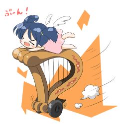 &gt;_&lt; 1girl 2000s_(style) :d blue_hair closed_eyes commentary_request detached_wings dress full_body harp instrument lady_solace neko_yume open_mouth pink_dress ragnarok_online short_hair short_twintails simple_background smile solo twintails white_background white_wings wings xd