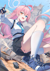 Rule 34 | 1girl, absurdres, ahoge, beretta 1301, blue archive, blue necktie, blue shoes, blush, commentary request, dust, fang, fingerless gloves, from below, full body, gloves, gun, hair flaps, halo, hand up, heterochromia, highres, holding, holding gun, holding weapon, hoshino (blue archive), huge ahoge, id card, long hair, necktie, open mouth, pink hair, pink halo, plaid clothes, plaid skirt, pleated skirt, rock, rubisco, school uniform, shoes, shotgun, shotgun shell, skirt, sneakers, socks, solo, tactical school uniform, very long hair, weapon, white socks, yellow eyes