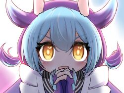 1girl apron blue_eyes blush dragon_girl dragon_horns duel_monster eastern_dragon_horns fang fieryfruit0109 fingerless_gloves frilled_apron frills gloves hair_between_eyes highres horns laundry_dragonmaid looking_at_viewer maid maid_apron open_mouth orange_eyes own_hands_together short_twintails smile solo twintails wa_maid white_apron yu-gi-oh!