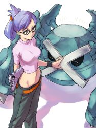 1girl 1other black_pants chuugaeri computer gen_3_pokemon glasses holding holding_laptop laptop metagross navel nintendo pants petting pokemon pokemon:_destiny_deoxys pokemon_(anime) pokemon_rse_(anime) ponytail purple_eyes purple_hair rebecca_(pokemon) simple_background stomach sweatpants white_background