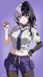 1girl absurdres alternate_costume arm_warmers black_arm_warmers black_hair black_nails brown_pantyhose collared_shirt grey_shirt highres holding holding_poke_ball hololive hololive_english looking_at_viewer multicolored_hair navel necktie nintendo pantyhose poke_ball pokemon purple_necktie purple_shorts shiori_novella shirt shorts single_arm_warmer solo split-color_hair striped_arm_warmers tied_shirt two-tone_hair virtual_youtuber vkyo white_hair yellow_eyes