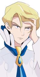 1boy ascot blonde_hair blue_ascot blue_eyes closed_mouth commentary_request hand_on_own_head hand_up high_collar highres hot jacket long_sleeves loose_hair_strand male_focus nakikot_t nintendo pokemon pokemon_xy short_hair siebold_(pokemon) simple_background solo sweat upper_body white_background white_jacket