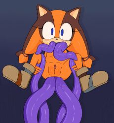 anal anus ass bare_legs blue_eyes blush brown_fur brown_hair excito eyelashes flat_chest groin hair_tie jungle_girl legs loli naked_footwear orange_fur orange_hair perineum pussy sega shoes sonic_(series) sonic_boom_(series) sticks_the_badger tentacles twintails