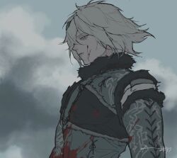 Rule 34 | 1boy, blood, blood on clothes, blood on face, closed mouth, cloud, cloudy sky, coat, dadadadadaist, fur-trimmed collar, fur-trimmed sleeves, fur trim, grey coat, grey hair, grey sleeves, hair between eyes, half-closed eyes, highres, male focus, nier (brother), nier (series), short hair, signature, sky, solo, upper body
