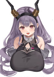 Rule 34 | absurdres, arknights, black hairband, black horns, breasts, fake horns, fang, hairband, highres, horn hairband, horns, large breasts, pink eyes, purple hair, remapack77, typhon (arknights)