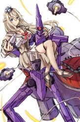 1girl blonde_hair blue_eyes braid breasts crown dress flower gundam gundam_gquuuuuux hair_between_eyes half_up_braid jewelry kantai_collection large_breasts long_hair long_sleeves looking_at_viewer mecha mini_crown necklace red_flower red_rose robot rose sitting smile tonke very_long_hair warspite_(kancolle) white_dress