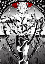 2boys 3girls belt blunt_bangs candle candlestand collarbone demon_horns eyelashes flower frown funamusea haiiro_teien hair_over_one_eye halo heterochromia highres horns kcalb long_hair male_focus monochrome multiple_boys multiple_girls necktie nemo_(ani1995) no_pupils one_eye_covered open_mouth pants red_flower red_rose robe rose runes shirt short_hair spot_color torn_clothes torn_pants torn_shirt torn_sleeves