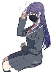 1girl 6tnut9 artist_name bandaged_hand bandages black_mask black_socks blazer blush brown_sweater collared_shirt commentary_request flying_sweatdrops genderswap genderswap_(mtf) green_eyes grey_jacket grey_skirt hair_between_eyes hand_up invisible_chair jacket kenmochi_touko kenmochi_touya kenmochi_touya_(1st_costume) kneehighs lapels long_hair long_sleeves looking_ahead mask mouth_mask necktie nijisanji open_clothes open_jacket pleated_skirt profile purple_hair red_necktie school_uniform shirt sidelocks signature simple_background sitting skirt socks solo sweater virtual_youtuber white_background white_shirt wing_collar