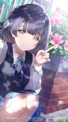 1girl absurdres building flower gakuen_idolmaster grass hair_ornament hataya_misuzu highres idolmaster leaf official_art purple_eyes school school_uniform skirt smile solo