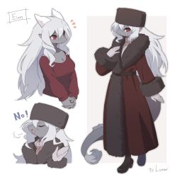 1girl 2023 dragon english_text furry furry_female gloves hat highres horn long_hair looking_at_viewer open_mouth pannya_(whitexterior) red_eyes snout standing white_hair