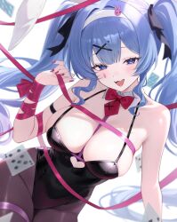 Rule 34 | 1girl, animal ear hairband, animal ears, arm strap, armpit crease, bare shoulders, black leotard, blue eyes, blue hair, blurry, blush, bound, bound wrists, breasts, card, center-flap bangs, chest strap, cleavage, commentary, cutout above navel, depth of field, detached collar, eyelashes, fake animal ears, floating card, hair ornament, hair ribbon, hairband, hatsune miku, highres, large breasts, leotard, long hair, looking at viewer, namedango (uouodango), necktie, open mouth, pantyhose, pink necktie, pink ribbon, playboy bunny, playing card, rabbit ear hairband, rabbit ears, rabbit hole (vocaloid), red nails, ribbon, short necktie, skindentation, smile, solo, teardrop facial mark, thigh strap, twintails, very long hair, vocaloid, white hairband, x hair ornament