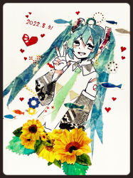 1girl 2022 abstract absurdres aqua_hair aqua_necktie asagi_kino black_sleeves collared_shirt commentary_request cropped_torso dated detached_sleeves dutch_angle fish flower hair_between_eyes hair_ornament hand_up hatsune_miku heart highres masking_tape_(medium) mixed_media necktie shirt shoulder_tattoo sidelocks sleeveless sleeveless_shirt smile solo tattoo traditional_media twintails unconventional_media v vocaloid white_background white_eyes white_shirt yellow_flower