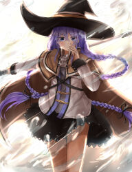 Rule 34 | 1girl, ayachanman, black skirt, blue eyes, blue hair, blush, braid, brown capelet, brown cloak, capelet, cloak, closed mouth, crossed bangs, hand up, hat, highres, holding, holding staff, large hat, long braid, long hair, long sleeves, looking at viewer, mage staff, mushoku tensei, pleated skirt, roxy migurdia, shirt, skirt, solo, staff, standing, twin braids, very long hair, white shirt, wind, witch hat