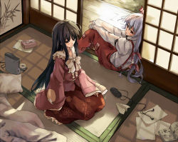 2girls black_eyes black_hair brown_eyes dress female_focus fujiwara_no_mokou game_console handheld_game_console houraisan_kaguya long_hair multiple_girls neet paper_airplane playstation_portable product_placement silver_hair sitting slice_of_life tatami tissue tissue_box touhou xbox_360 xiao_qiang_(overseas)
