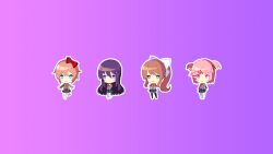 4girls :&lt; annoyed arms_at_sides averting_eyes black_thighhighs blazer blue_eyes blue_skirt blush_stickers bow breasts brown_hair brown_sweater_vest chibi chibi_only closed_mouth doki_doki_literature_club doki_doki_literature_club_plus doki_doki_literature_club_school_uniform dot_mouth eyebrows_hidden_by_hair full_body game_cg gradient_background green_eyes grey_jacket hair_between_eyes hair_bow hair_ornament hairclip hand_on_own_chest hands_on_own_hips highres jacket large_bow large_breasts lineup long_eyelashes long_hair long_sidelocks looking_at_viewer medium_breasts miniskirt monika_(doki_doki_literature_club) multiple_girls natsuki_(doki_doki_literature_club) neck_ribbon non-web_source official_art official_wallpaper open_clothes open_jacket outline outstretched_arms parted_bangs pink_background pink_eyes pink_hair pleated_skirt pout purple_background purple_eyes red_bow red_ribbon ribbon satchely sayori_(doki_doki_literature_club) school_uniform short_hair shy sidelocks skirt smile socks spread_arms standing standing_on_one_leg sweater_vest swept_bangs thick_eyelashes thighhighs two_side_up v-shaped_eyebrows very_long_hair white_bow white_outline white_socks x_hair_ornament yuri_(doki_doki_literature_club)