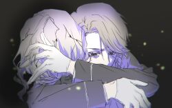 Rule 34 | 2boys, absurdres, aesop carl, black background, black bow, black eyes, black jacket, bow, brown hair, commentary request, gloves, grey hair, hair bow, hands up, highres, hug, identity v, jacket, jiz (pffbq), joseph desaulniers, long sleeves, low ponytail, male focus, multiple boys, ponytail, short hair, upper body, white gloves