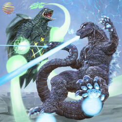 airport blue_electricity blue_eyes blue_fire blue_sclera body_markings breath_weapon breathing_fire building colored_sclera crossover daiei_film daiei_motion_picture dinosaur electricity energy energy_ball energy_barrier energy_beam engi_(animation_studio) fins fire flying gamera gamera_(series) gamera_-rebirth- gamera_vs._viras giant giant_monster glowing glowing_spikes godzilla godzilla_(1954) godzilla_(series) green_eyes igunuk kadokawa kaiju monster mothra_vs._godzilla mouth_beam multiple_heads no_humans no_pupils sea_monster shin_godzilla spacecraft spikes tail tail_head toho tongue turtle tusks ufo viras_ufo