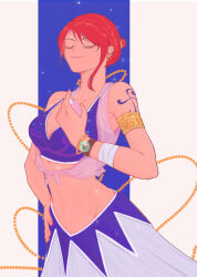1girl arabian_clothes armlet armpit_crease bangle bare_shoulders beads bottle bracelet breasts cleavage closed_eyes closed_mouth collarbone commentary cowboy_shot crop_top earrings gold_earrings hair_up hand_on_own_hip harem_outfit highres holding holding_bottle holding_perfume jewelry log_pose medium_breasts midriff mygiorni nami_(one_piece) official_alternate_costume official_alternate_hairstyle one_piece perfume_(cosmetics) perfume_bottle short_hair shoulder_tattoo single_sidelock skirt smile solo sweat tattoo