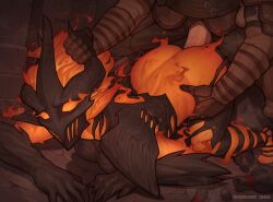 1boy 1girl armor ass asura_(asurauser) black_armor bottle bottomless breasts colored_skin fire flame_atronach helmet hetero highres large_breasts penis red_skin sex sex_from_behind the_elder_scrolls the_elder_scrolls_iv:_oblivion