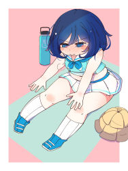 1girl bare_shoulders blue_eyes blue_hair blue_shoes blue_skirt blush bottle breasts cheerleader closed_mouth commentary_request crop_top dot_nose exercising full_body hair_between_eyes highres horoyuki_(gumizoku) kneehighs mat medium_hair midriff navel original outside_border pink_background pleated_skirt plump pom_pom_(cheerleading) puff_of_air shadow shoes short_hair skirt sleeveless small_breasts socks solo split_mouth stretching thick_thighs thighs trembling water_bottle white_skirt white_socks