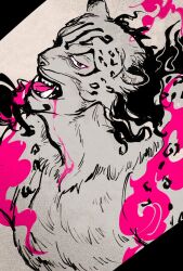1boy commentary ears_back facial_hair film_grain furry furry_male goatee highres leopard_boy long_hair looking_at_viewer male_focus one_piece pink_eyes rob_lucci solo spot_color spotted_fur tan_(7nacngt) teeth tongue tongue_out upper_body wavy_hair