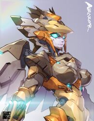 Rule 34 | 1girl, absurdres, airazor, beast wars, beast wars: transformers, blue eyes, breasts, character name, from side, grey background, highres, mar10, maximal, mecha, mechanical wings, medium breasts, pink lips, robot, science fiction, smile, solo, transformers, upper body, wings