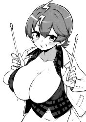 Rule 34 | 1girl, blush, breasts, cleavage, collarbone, commentary request, drumsticks, greyscale, highres, himajin noizu, holding, holding drumsticks, horikawa raiko, huge breasts, jacket, large breasts, lightning bolt symbol, long sleeves, looking at viewer, monochrome, plaid clothes, plaid shirt, shirt, short hair, simple background, skirt, solo, sweat, teeth, touhou, upper body