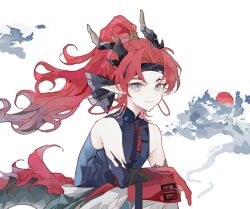 Rule 34 | 1boy, arknights, black hairband, black shirt, colored extremities, colored skin, commentary, crossed arms, dragon boy, dragon horns, dragon tail, green eyes, hairband, hashtag-only commentary, highres, horns, jacket, long hair, looking at viewer, male focus, off shoulder, pointy ears, ponytail, red hair, red skin, shirt, simple background, sleeveless, sleeveless shirt, smile, solo, tail, tunaguri (dalang-eopo), upper body, white background, white jacket, yu (arknights)