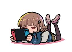 Rule 34 | 1girl, black jacket, black thighhighs, brown hair, brown skirt, danganronpa (series), danganronpa 2: goodbye despair, feet up, flipped hair, handheld game console, holding, holding handheld game console, jacket, long sleeves, lying, medium hair, nanami chiaki, nintendo switch, on stomach, pillow, pink shoes, playing games, shoes, simple background, skirt, spaceship hair ornament, thighhighs, white background, youko-shima