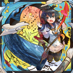 1girl anchor anchor_necklace black_hair black_pantyhose blue_sailor_collar blush brown_eyes buttons calligraphy_brush cannon dress hairband headgear headphones highres itomugi-kun jewelry kantai_collection long_sleeves neckerchief necklace no_pants open_mouth paintbrush pantyhose sailor_collar sailor_dress school_uniform seamed_legwear ship_turret shirt short_hair short_hair_with_long_locks side-seamed_legwear smile solo tied_shirt tokitsukaze_(kancolle) torpedo yellow_neckerchief
