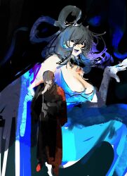 Rule 34 | 1boy, 1girl, androgynous, black eyes, black kimono, blue dress, breasts, cerevevisiae, cleavage, closed mouth, dress, full body, grey hair, hair between eyes, hair rings, hand to own mouth, highres, japanese clothes, kaku seiga, kimono, large breasts, long bangs, looking at viewer, medium hair, miyako yoshika, miyako yoshika (living), open mouth, smile, standing, touhou, wide sleeves