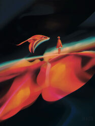 2others animal black_background dkaism dress full_body limited_palette looking_at_animal multiple_others original painterly simple_background standing stingray surreal