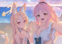 Rule 34 | 2girls, :d, absurdres, alternate costume, animal ears, armpits, beach, bikini, blonde hair, blue archive, blue halo, blue ribbon, breasts, choker, cross halo, enokinoko1010, forehead, fox ears, gradient halo, hair ornament, hair scrunchie, hair tie, halo, highres, large breasts, long hair, low wings, mika (blue archive), multicolored halo, multiple girls, nail polish, ocean, open mouth, pink hair, pink halo, ponytail, red eyes, ribbon, scrunchie, seia (blue archive), selfie, small breasts, smile, sunset, swimsuit, v, very long hair, white bikini, wings, yellow eyes, yellow halo, yellow ribbon