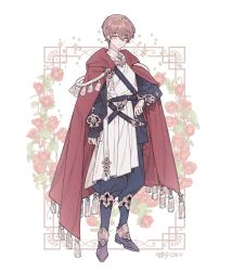 1boy belt black_belt black_shoes boots brown_hair cape choppy_bangs closed_mouth fashion floral_background flower full_body gold_embroidery lemon89h long_sleeves looking_at_viewer male_focus original pants red_cape red_flower robe rococo_movement rope rose shoes short_hair solo standing tassel white_robe yellow_eyes