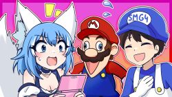 1girl 2boys ^_^ animal_ear_fluff animal_ears bare_shoulders big_nose black_hair blue_choker blue_eyes blue_hair blue_hat blue_overalls blue_shirt blush border breasts brown_hair buttons choker cleavage closed_eyes collarbone commentary cross-eyed detached_sleeves dot_nose english_commentary facial_hair fang flying_sweatdrops gloves gradient_background hair_between_eyes hand_on_own_chest hand_up handheld_game_console hat highres holding holding_handheld_game_console indie_virtual_youtuber laughing light_blush luke_lerdwichagul mario mario_(series) multiple_boys mustache nintendo nintendo_ds notice_lines open_mouth overalls pale_skin pink_background pink_border red_hat red_shirt shirt short_hair small_sweatdrop smg4 smile tail tears two-tone_background upper_body virtual_youtuber wavy_mouth white_gloves white_overalls wide_mouth wolf_ears wolf_girl wolf_tail wolfychu wolfychu_(artist)